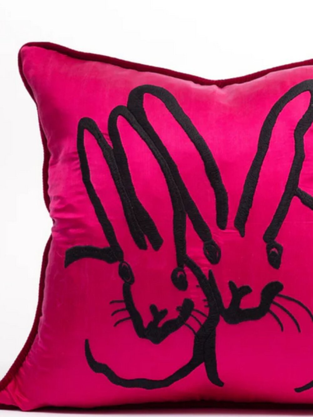 Hand-Embroidered Silk & Velvet Bunny Pillow Case, 18 x 18 Fushia